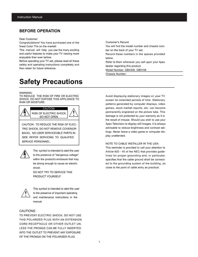 Apex GB4308OM TV Operating Manual