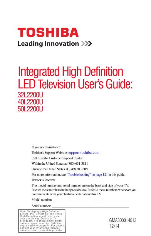 Toshiba 32L220U 40L2200U TV Operating Manual