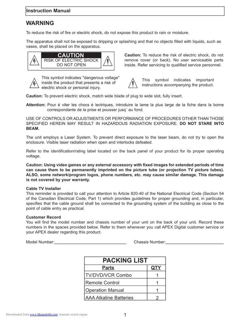 Apex GT2025DVR TV/VCR/DVD Combo Operating Manual