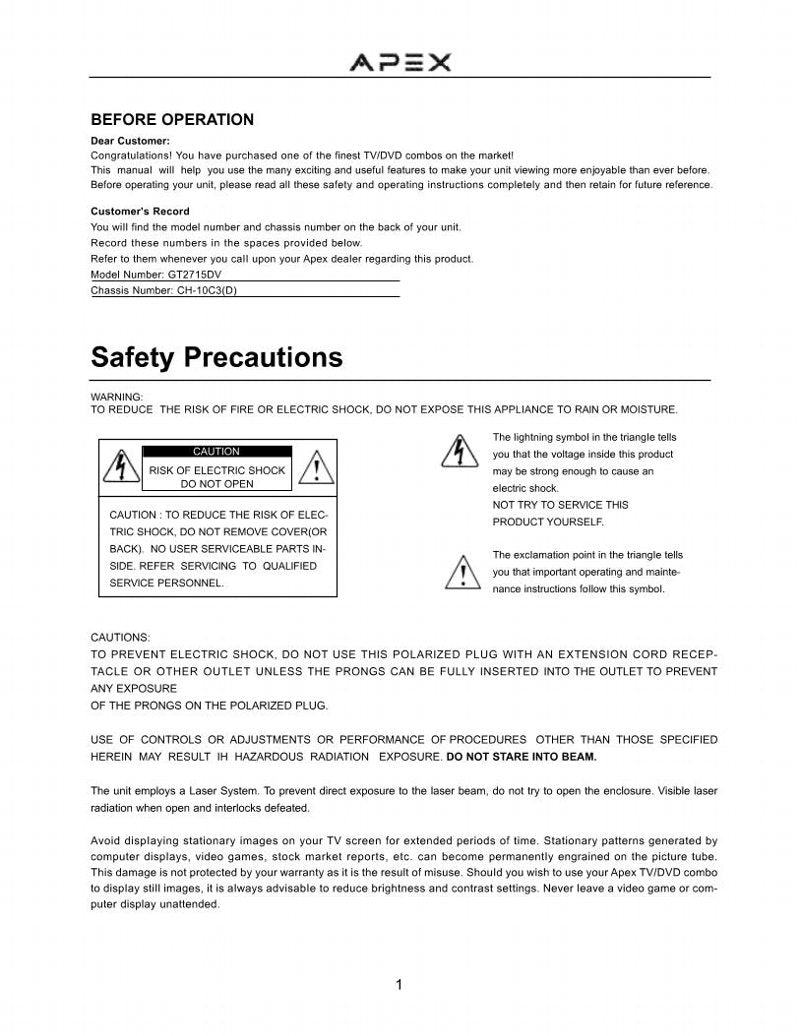 Apex GT2715DVOM TV Operating Manual