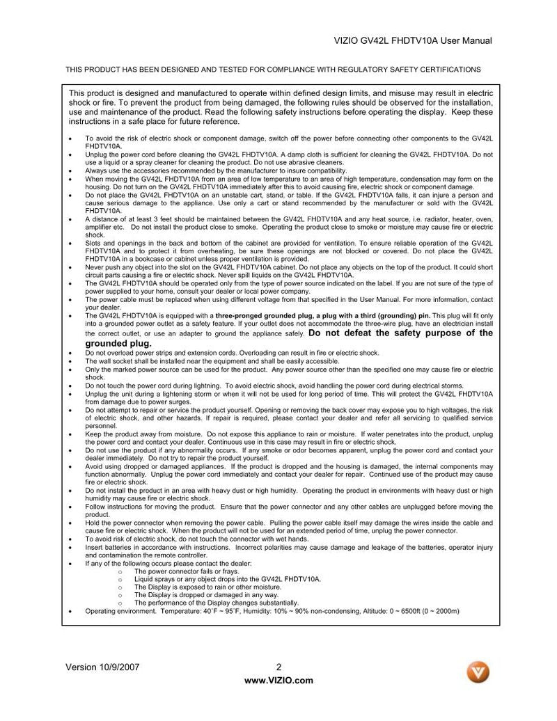 Vizio GV42LF TV Operating Manual