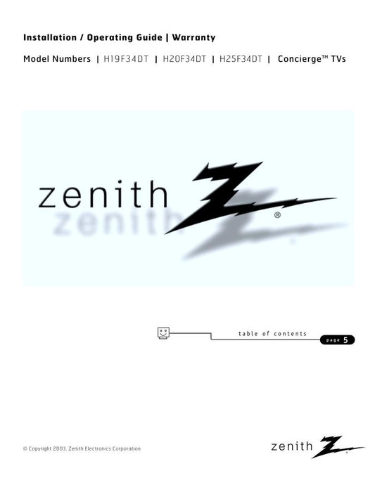 Zenith H19F34DT H20F34DT H25F34DT TV Operating Manual