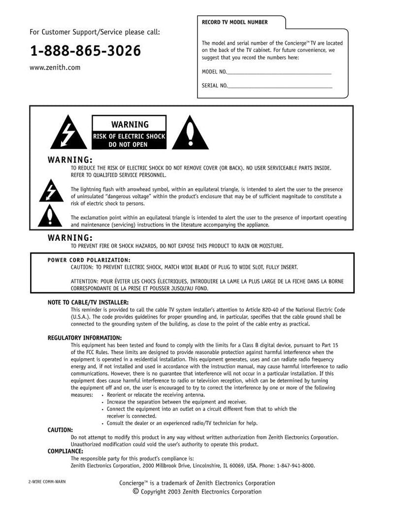 Zenith H25F36DT H27F36DT H27F36S TV Operating Manual