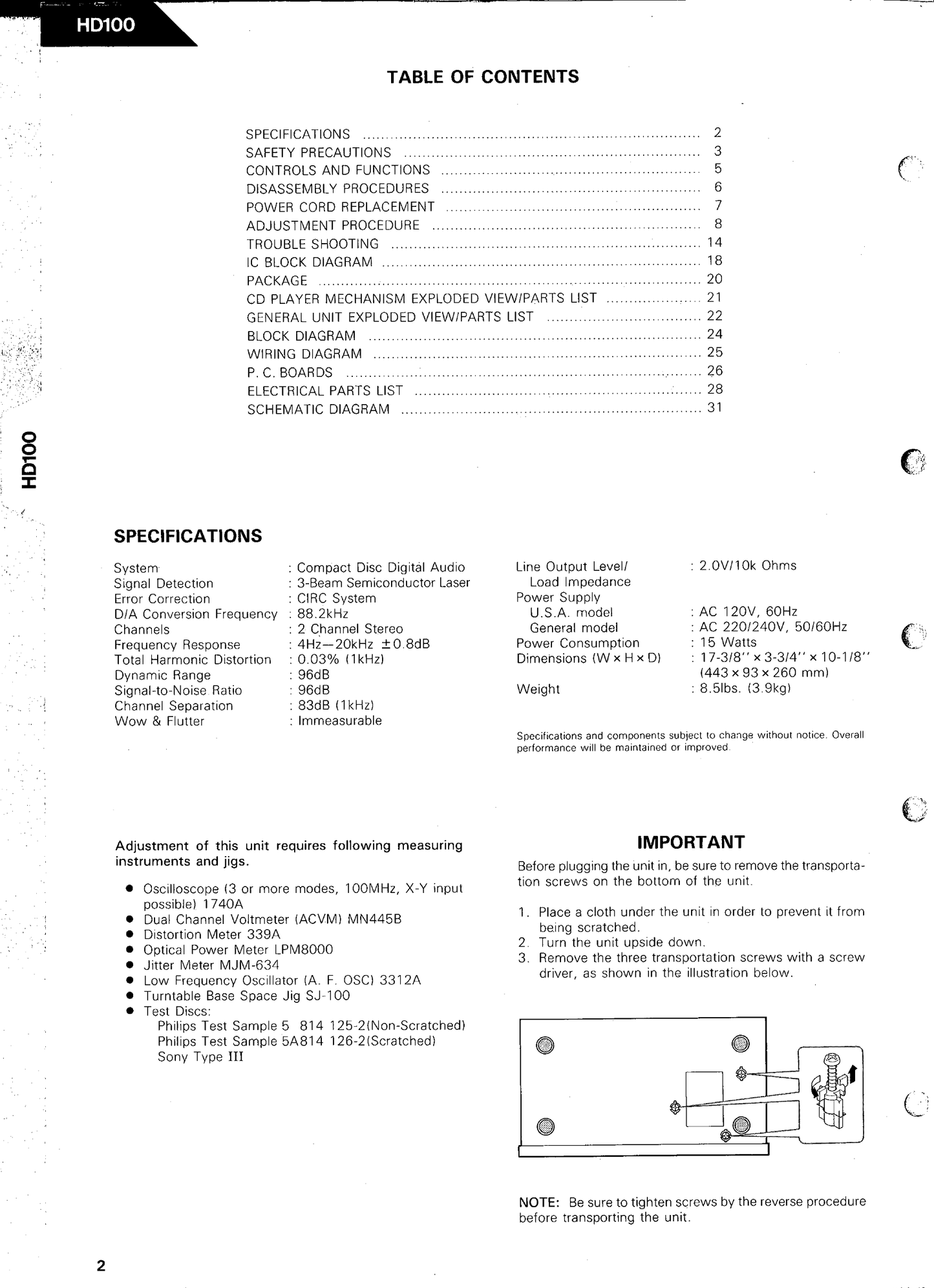 Harman/ Kardon HD100 CD Player Service Manual (Pages: 49)