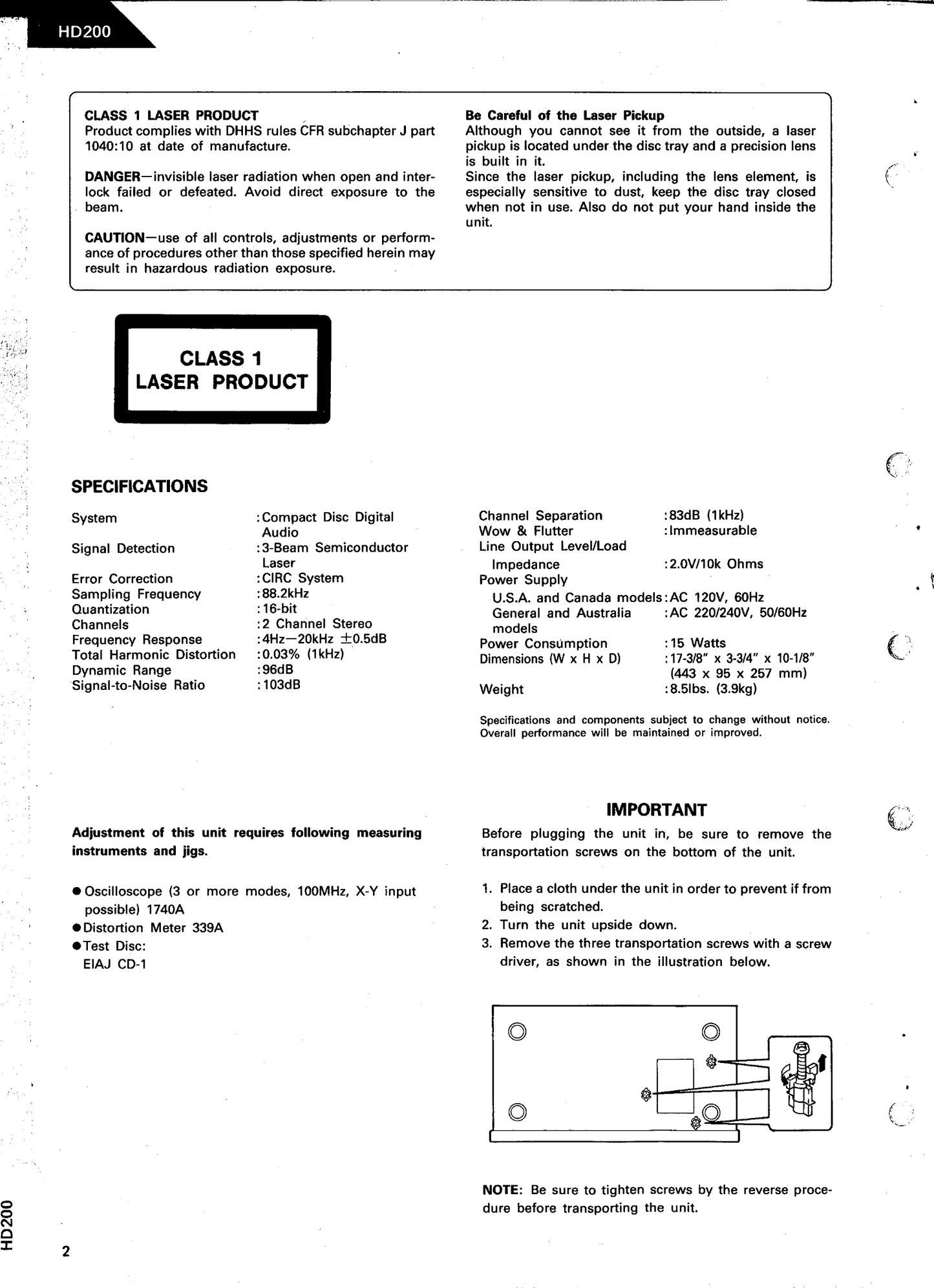 Harman/ Kardon HD200 CD Player Owner & Service Manual (Pages: 70)