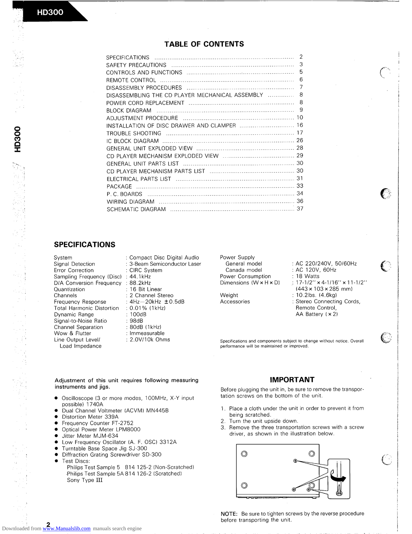 Harman/ Kardon HD300 CD Player Service Manual (Pages: 48)