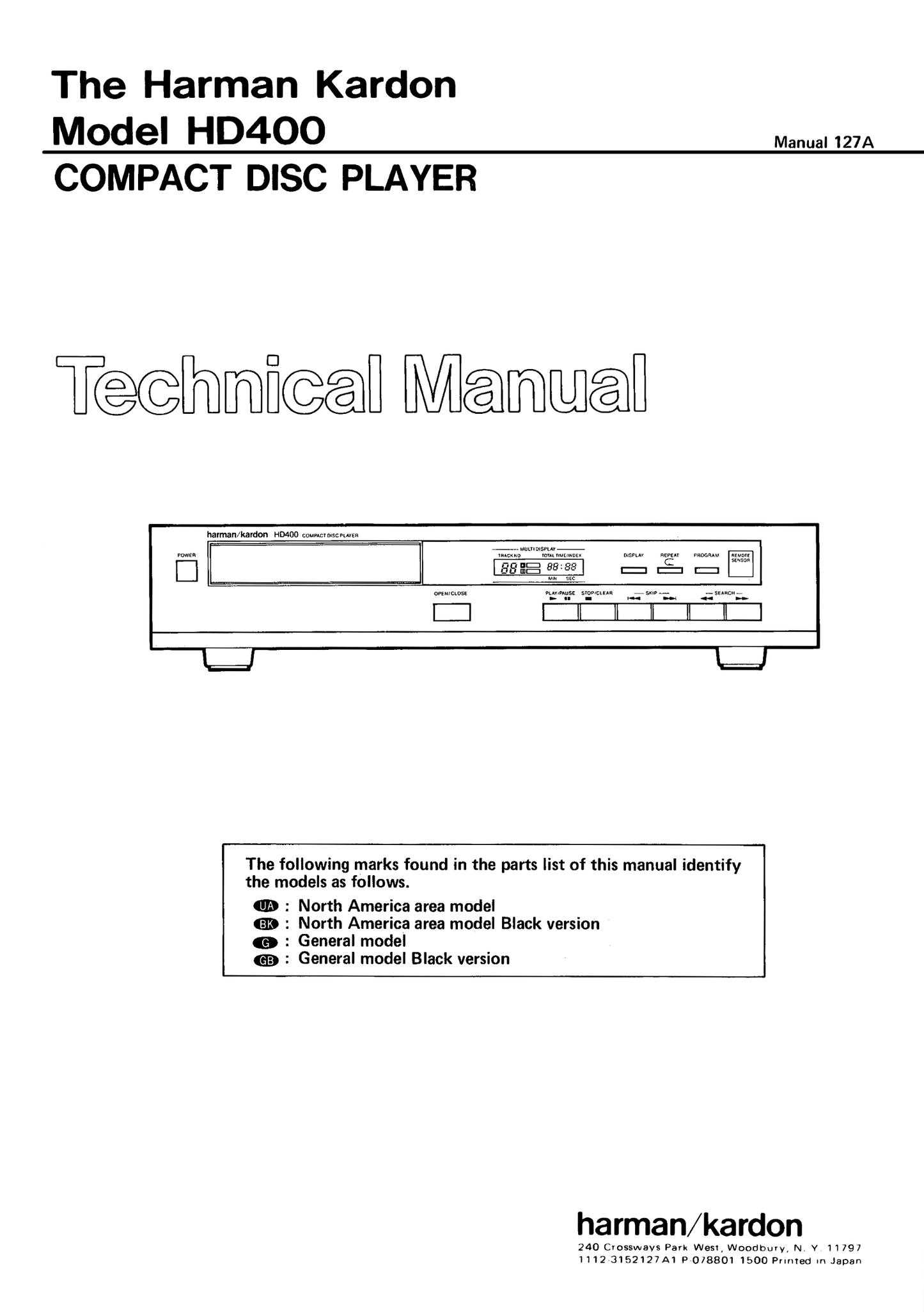 Harman/ Kardon HD400 CD Player Owner & Service Manual (Pages: 71)