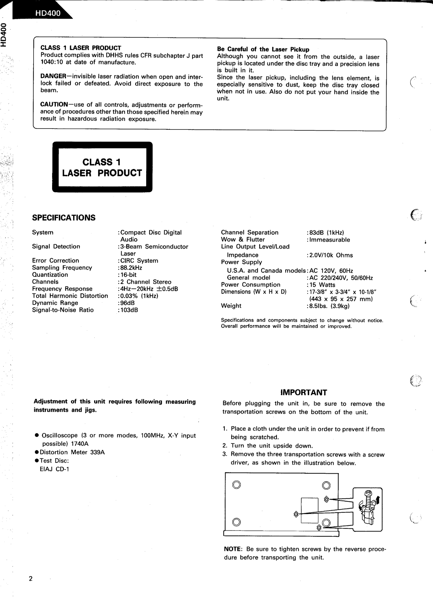 Harman/ Kardon HD400 CD Player Owner & Service Manual (Pages: 71)