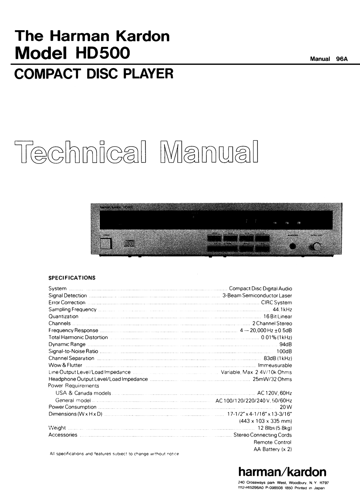 Harman/ Kardon HD500 CD Player Service Manual (Pages: 89)