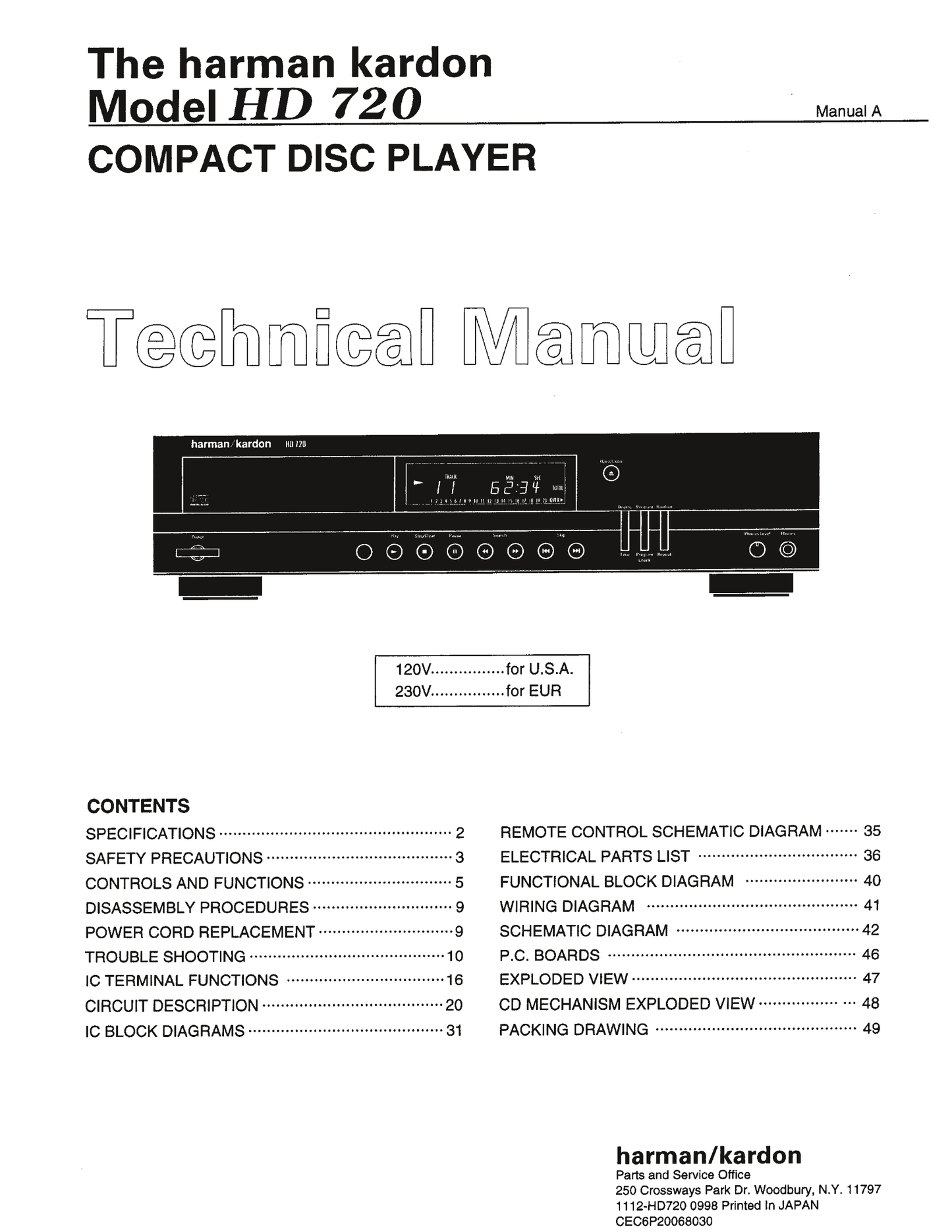 Harman/ Kardon HD 720 CD Player Service Manual (Pages: 64)