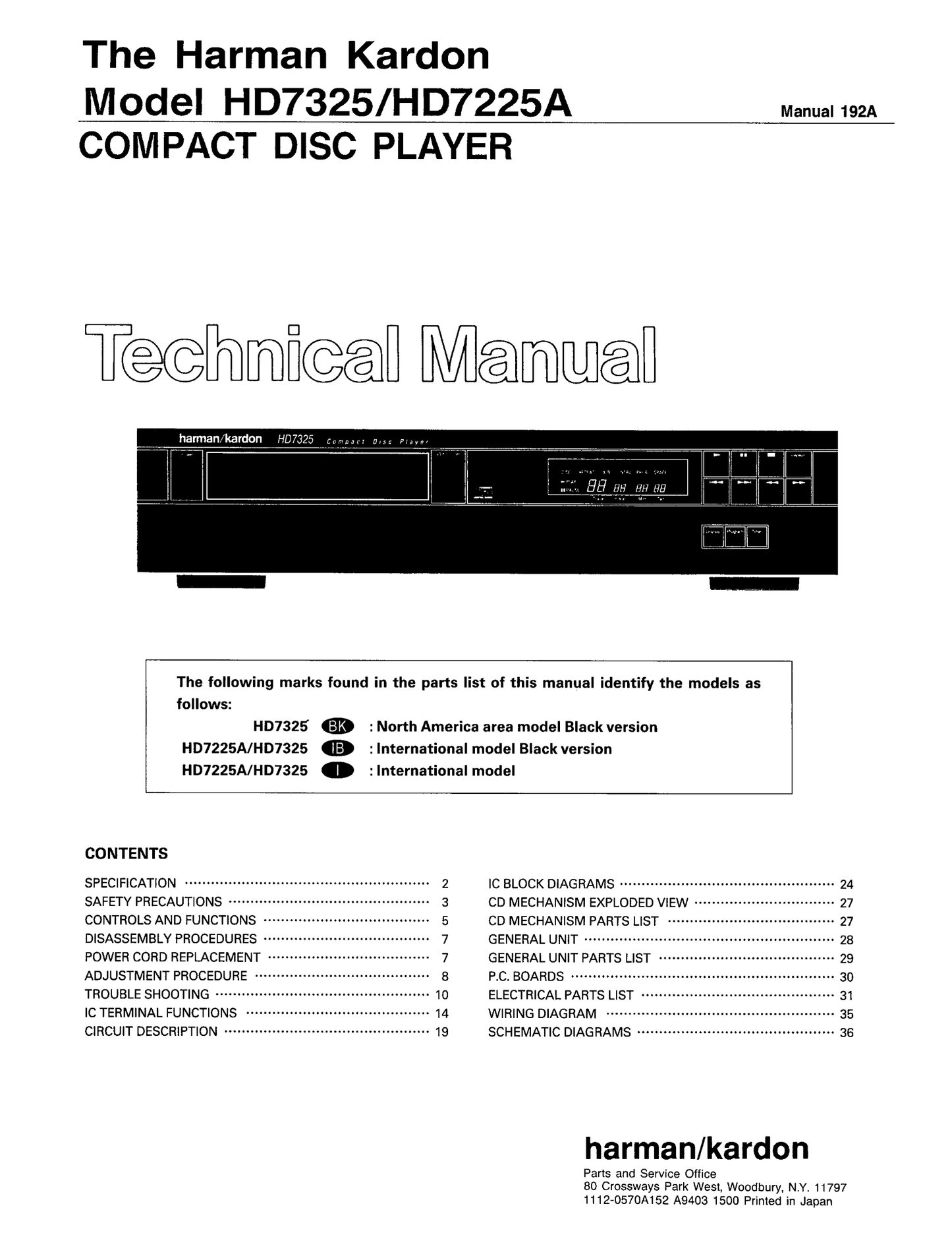 Harman/ Kardon HD7225A & HD7325 CD Player Service Manual (Pages: 46)