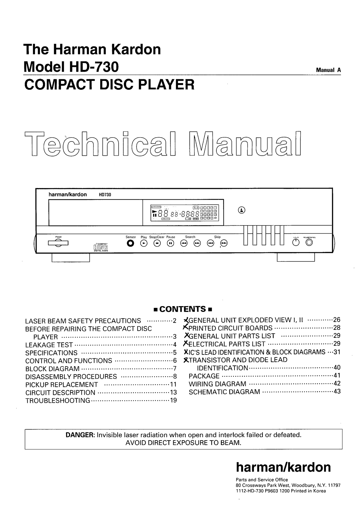 Harman/ Kardon HD 730 CD Player Service Manual (Pages: 59)