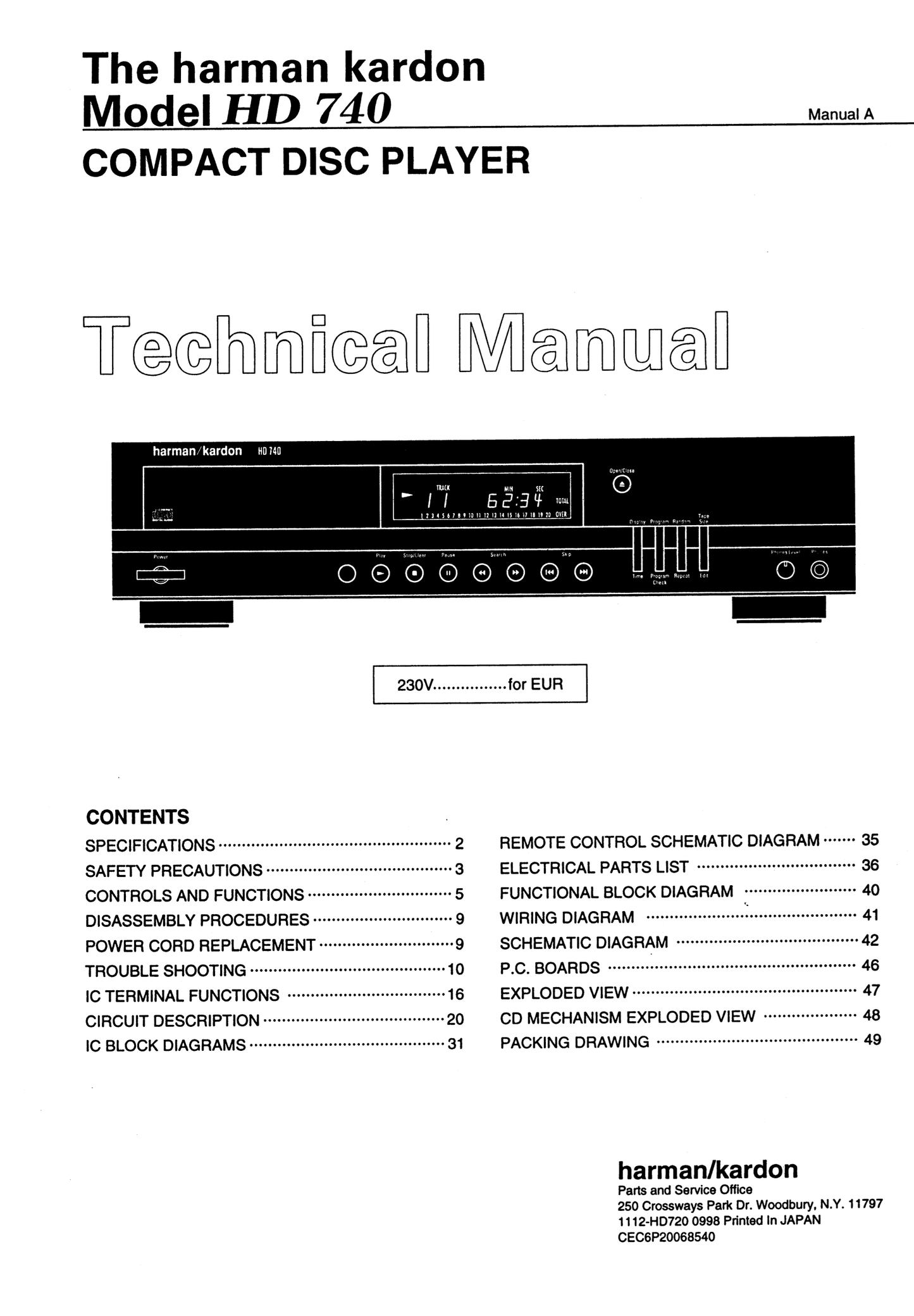 Harman/ Kardon HD 740 CD Player Service Manual (Pages: 49)