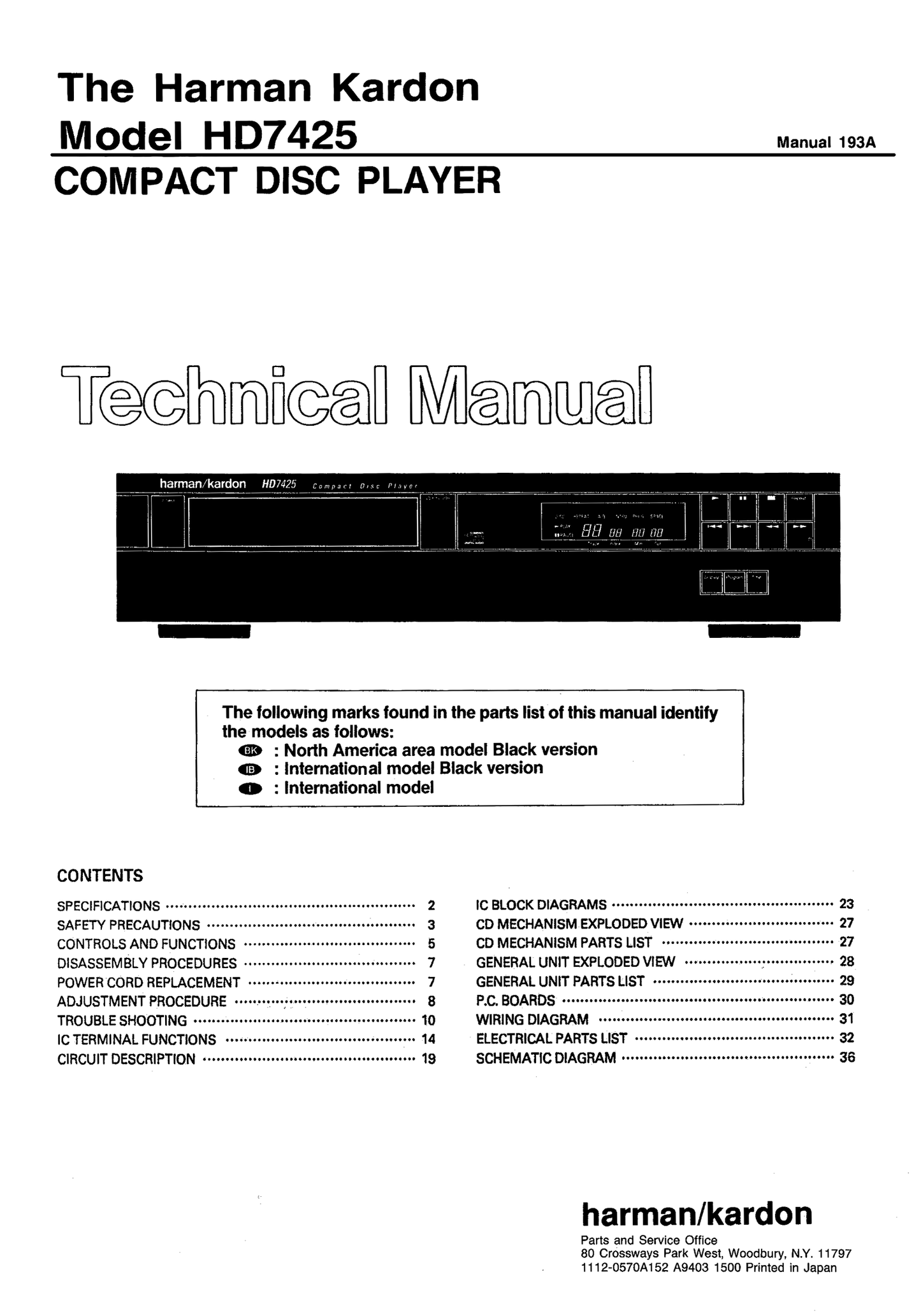 Harman/ Kardon HD7425 CD Player Service Manual (Pages: 61)