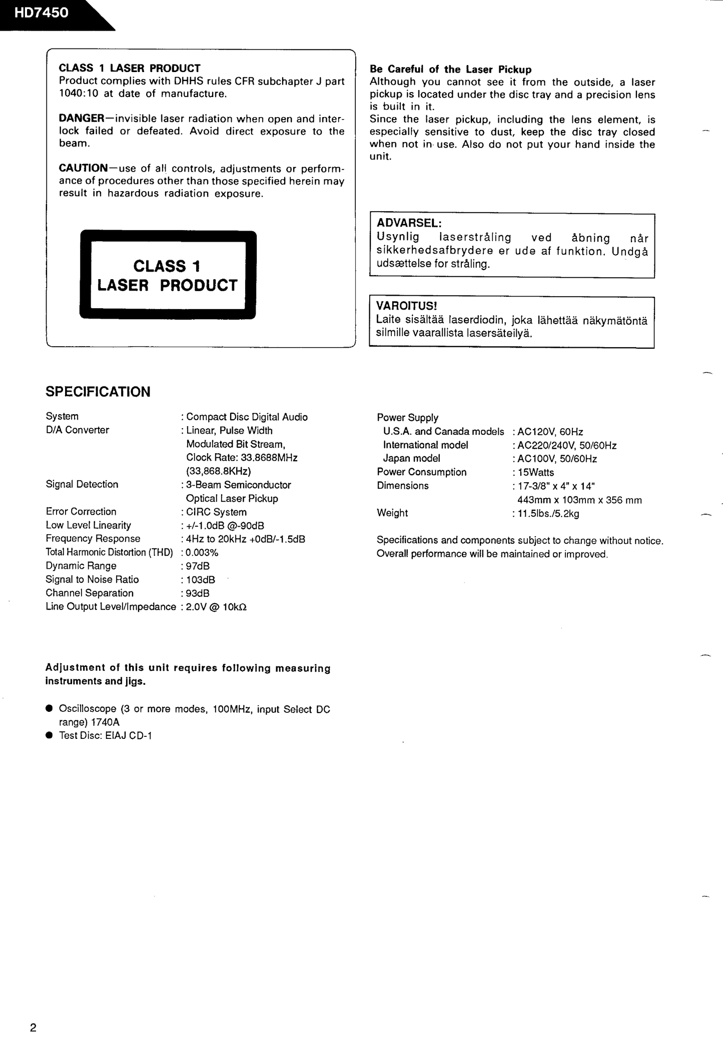 Harman/ Kardon HD7450 CD Player Service Manual (Pages: 62)