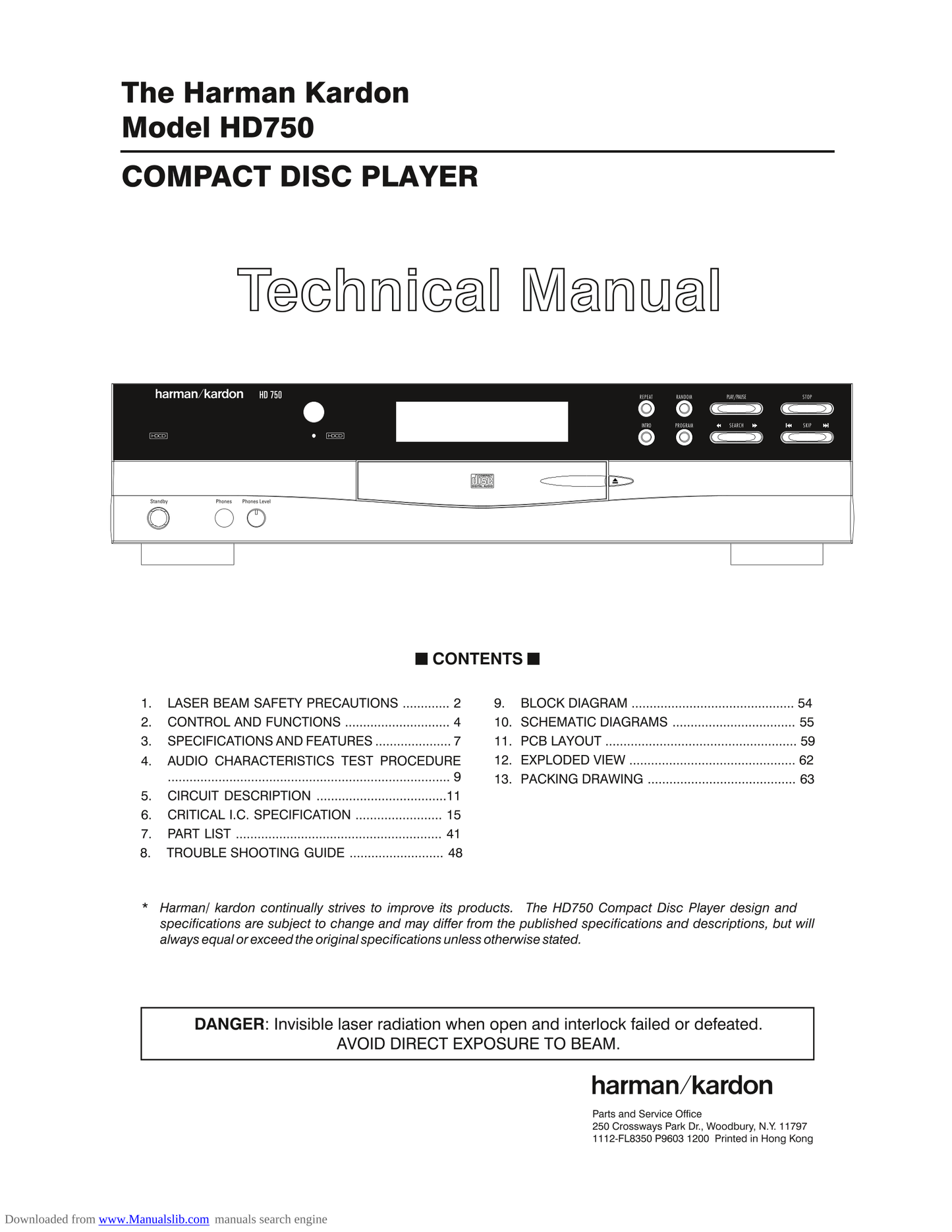 Harman/ Kardon HD750 CD Player Service Manual (Pages: 63)