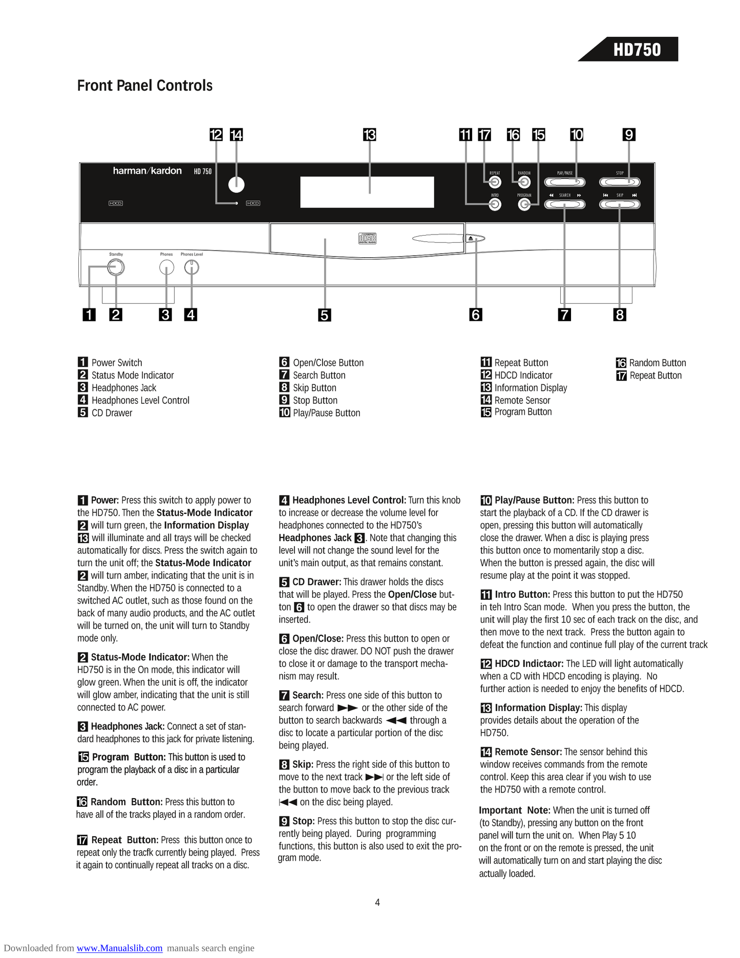 Harman/ Kardon HD750 CD Player Service Manual (Pages: 63)