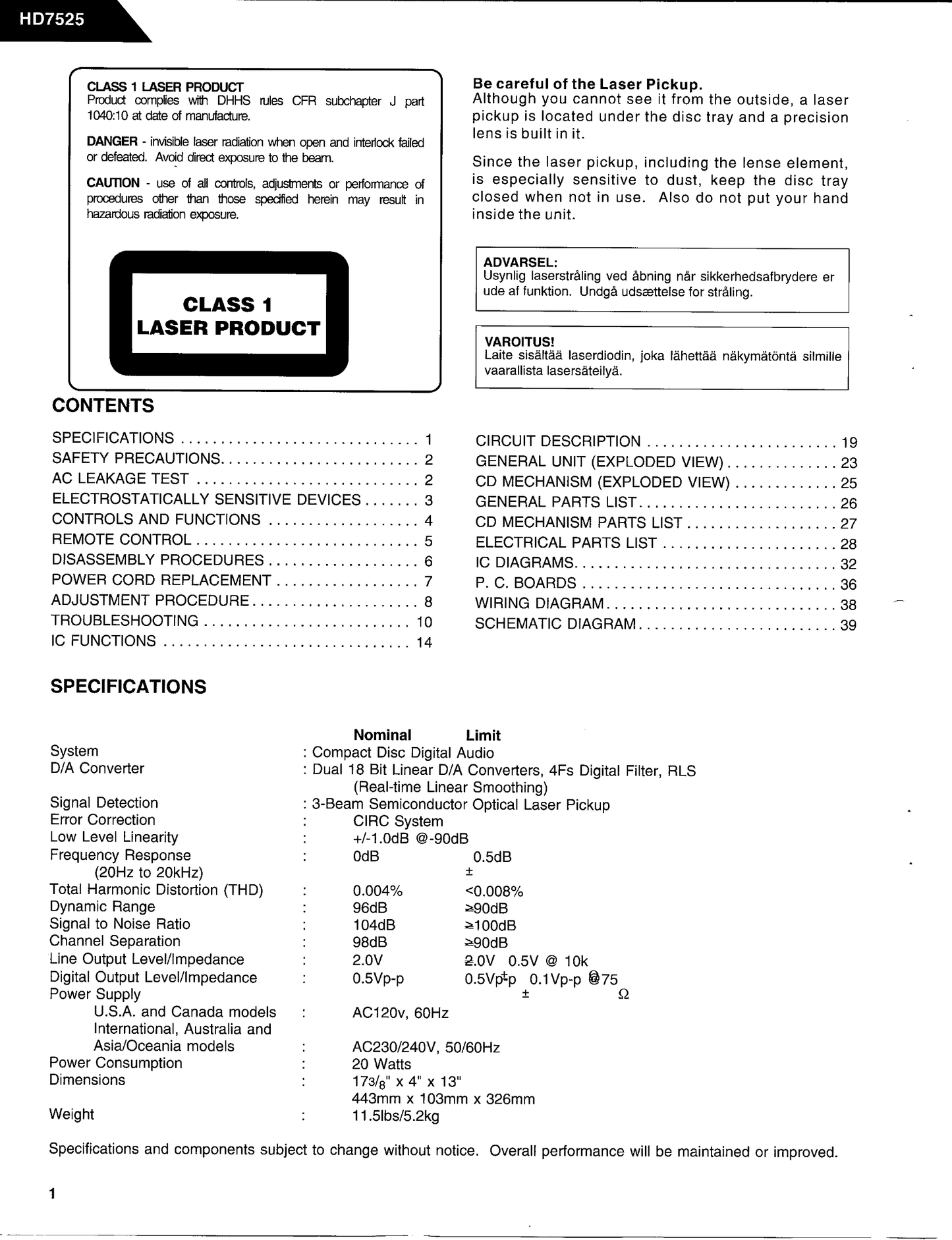 Harman/ Kardon HD7525 CD Player Service Manual (Pages: 51)