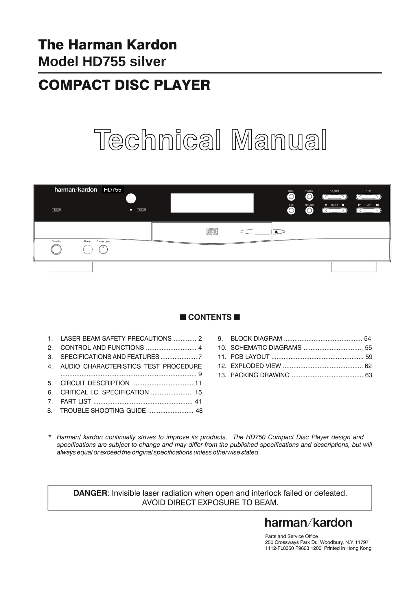 Harman/ Kardon HD755 CD Player Service Manual (Pages: 65)