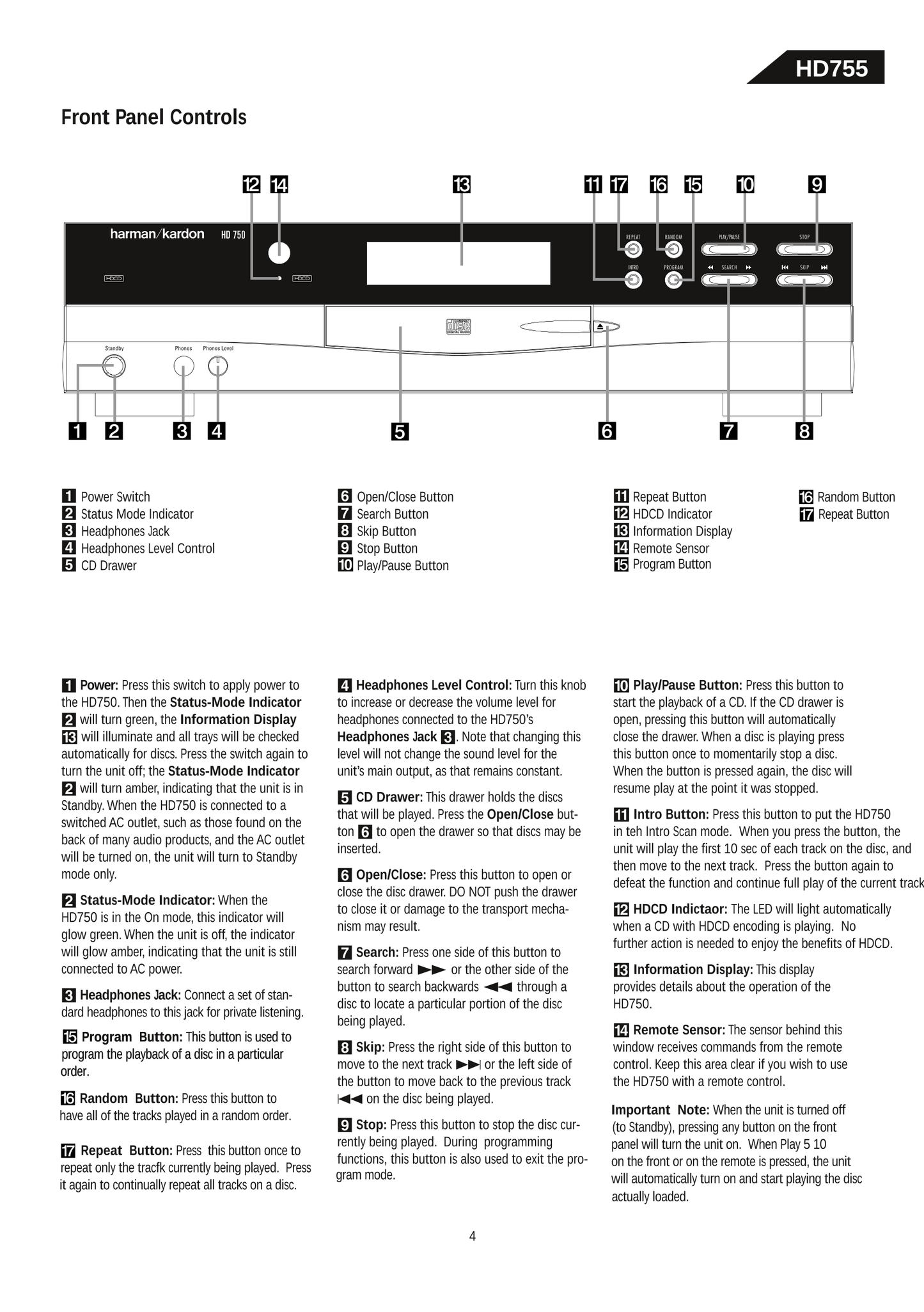 Harman/ Kardon HD755 CD Player Service Manual (Pages: 65)