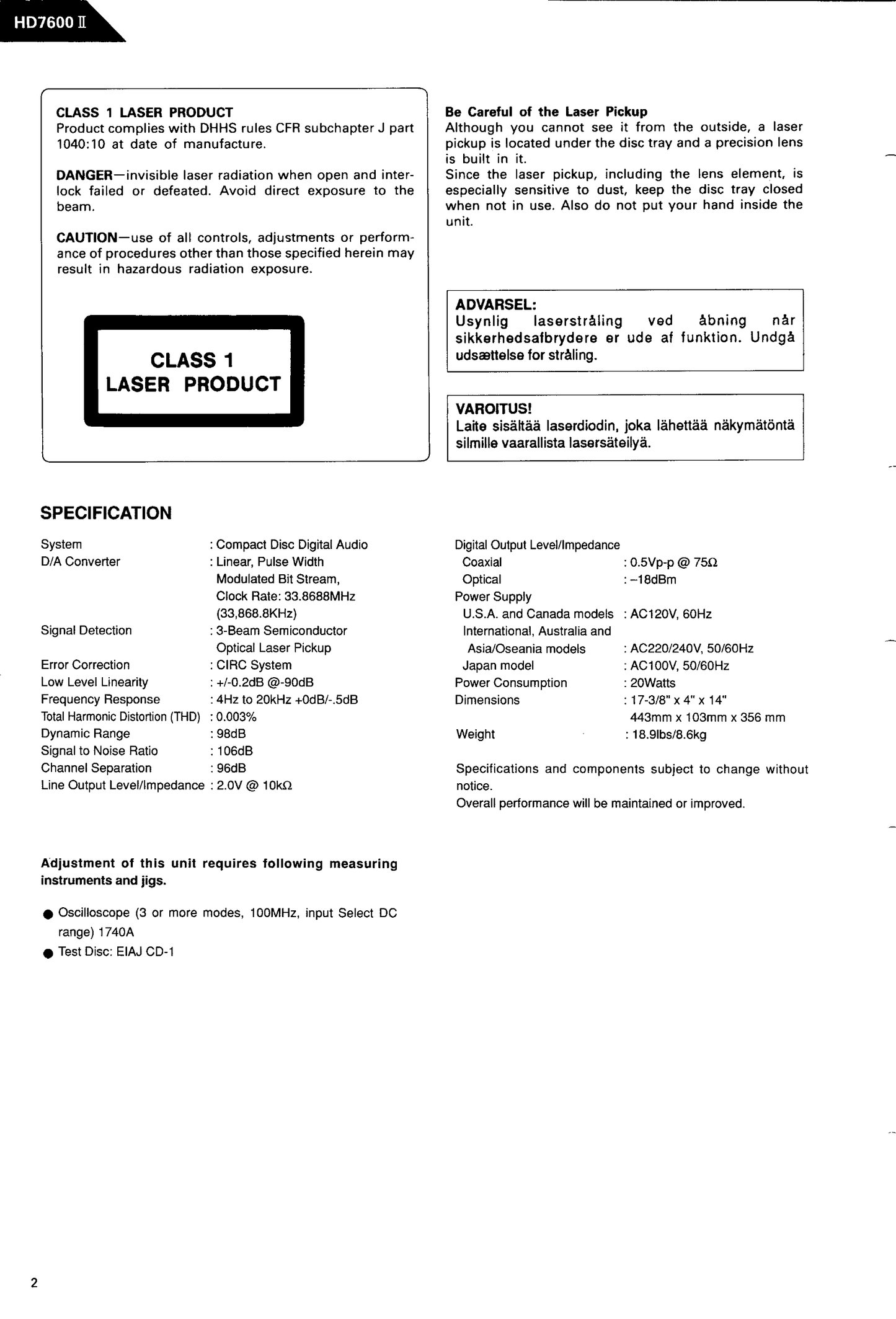 Harman/ Kardon HD7600II CD Player Service Manual (Pages: 60)