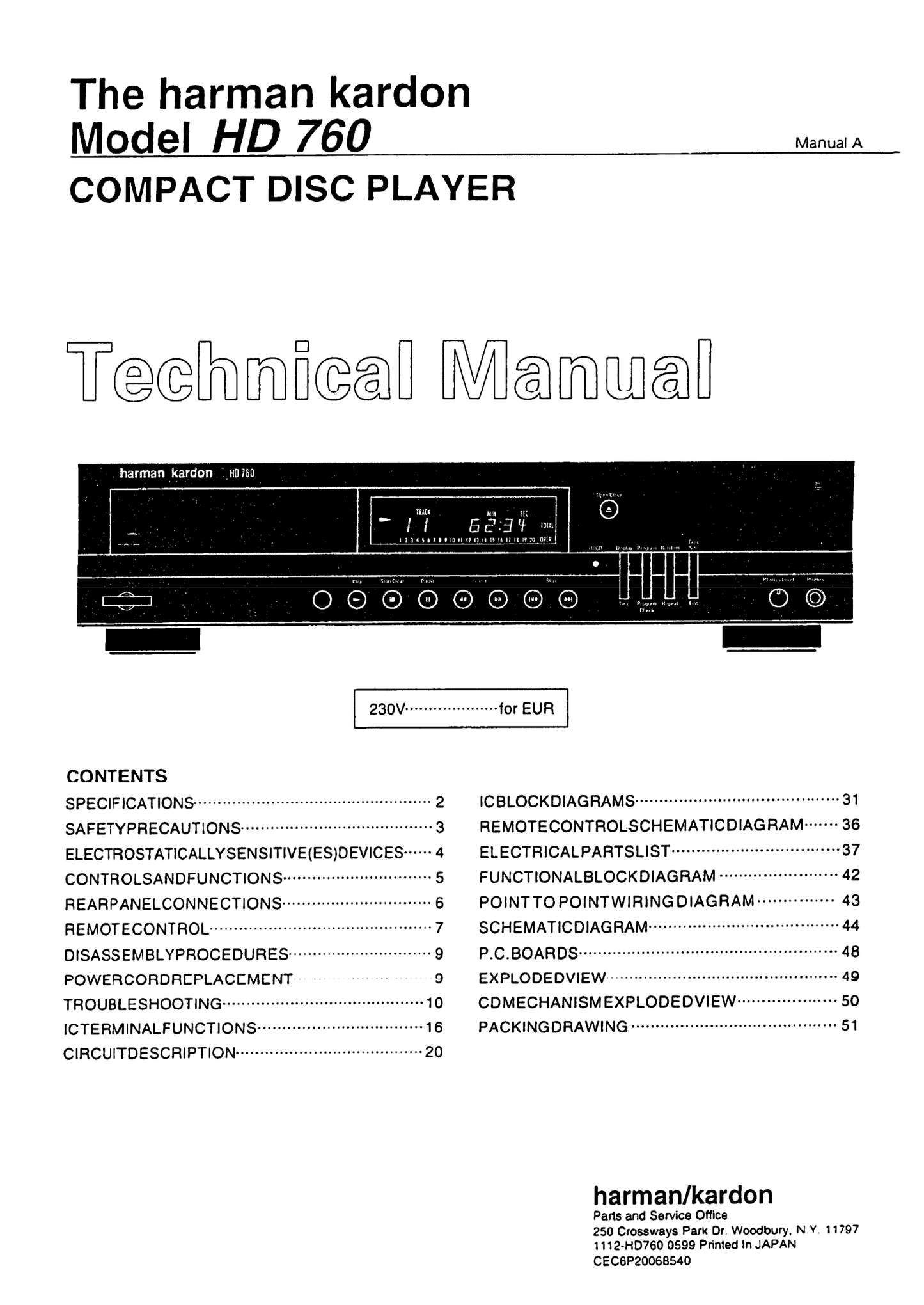 Harman/ Kardon HD 760 CD Player Service Manual (Pages: 52)