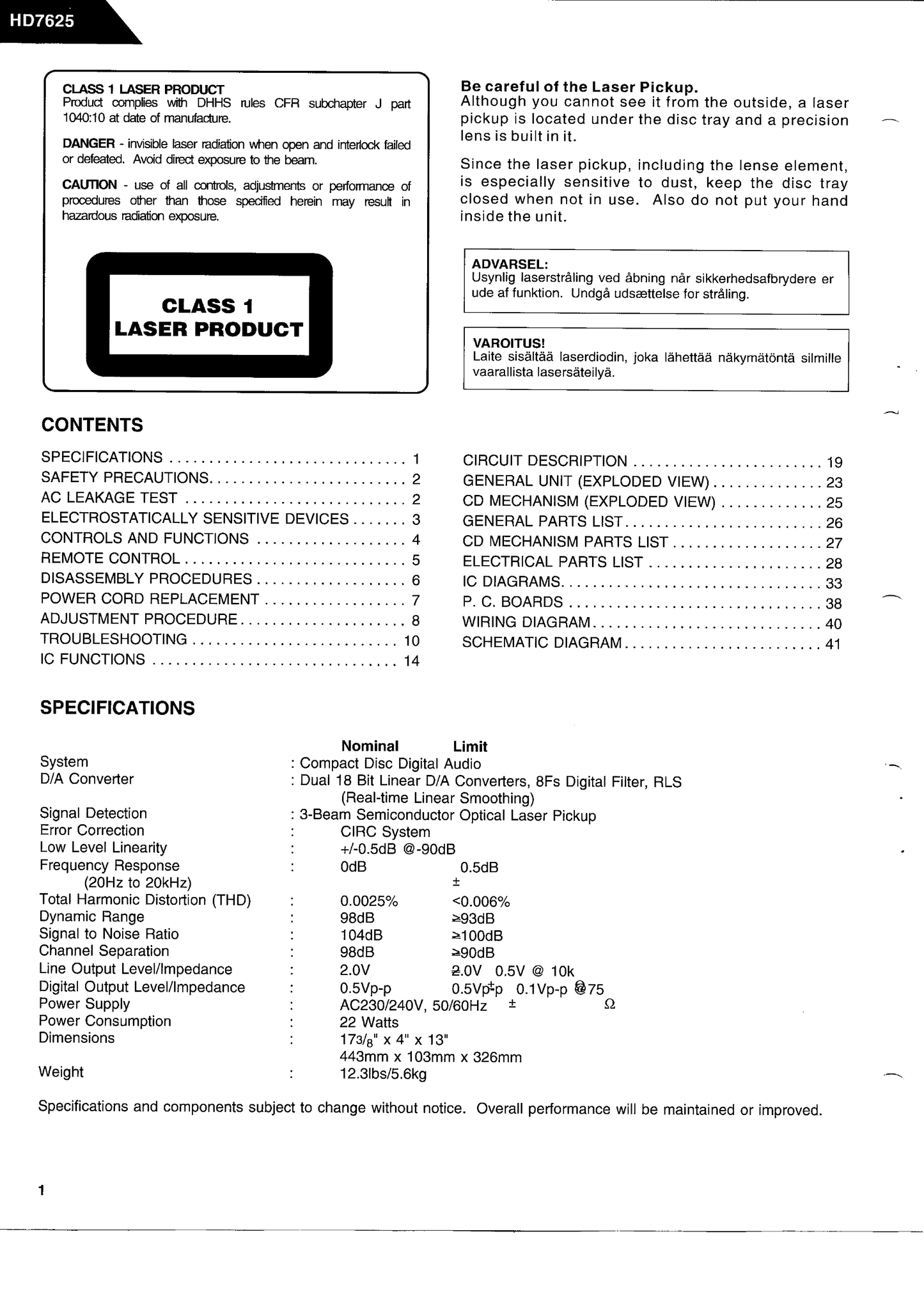 Harman/ Kardon HD7625 CD Player Service Manual (Pages: 53)