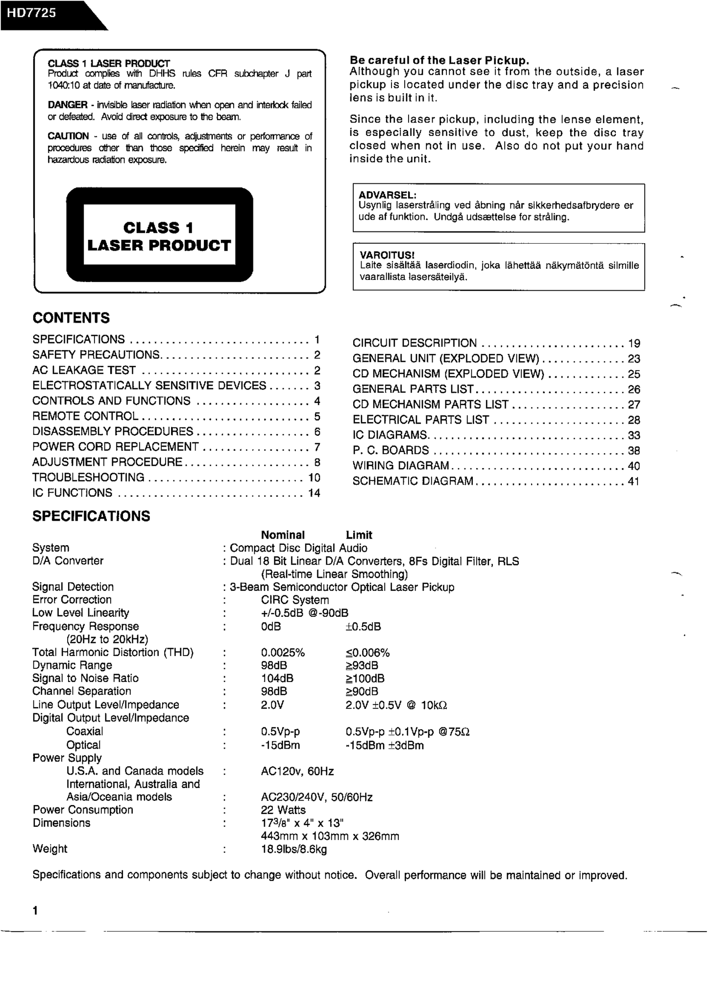 Harman/ Kardon HD7725 CD Player Service Manual (Pages: 54)