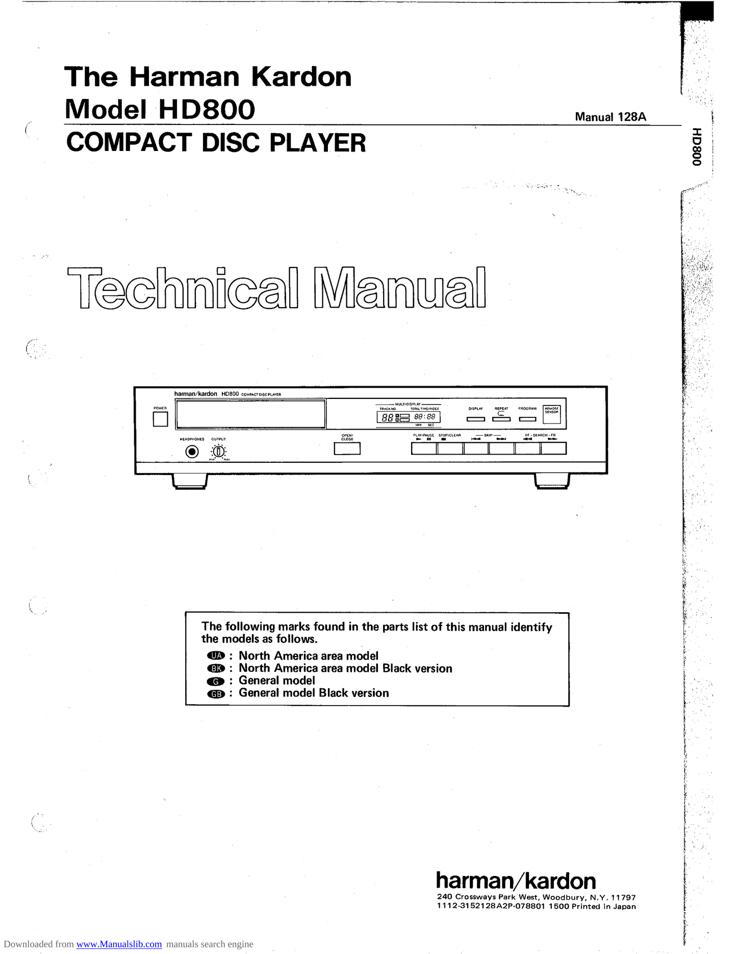 Harman/ Kardon HD800 CD Player Service Manual (Pages: 66)