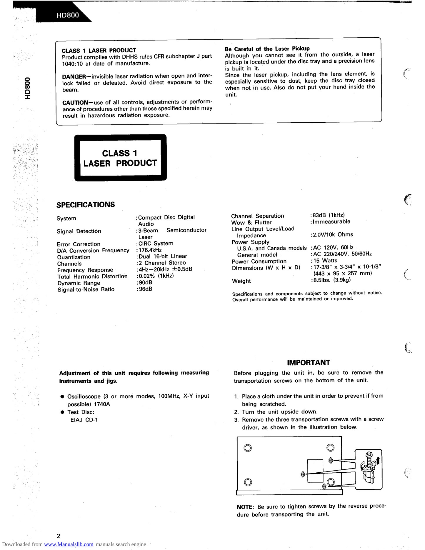 Harman/ Kardon HD800 CD Player Service Manual (Pages: 66)