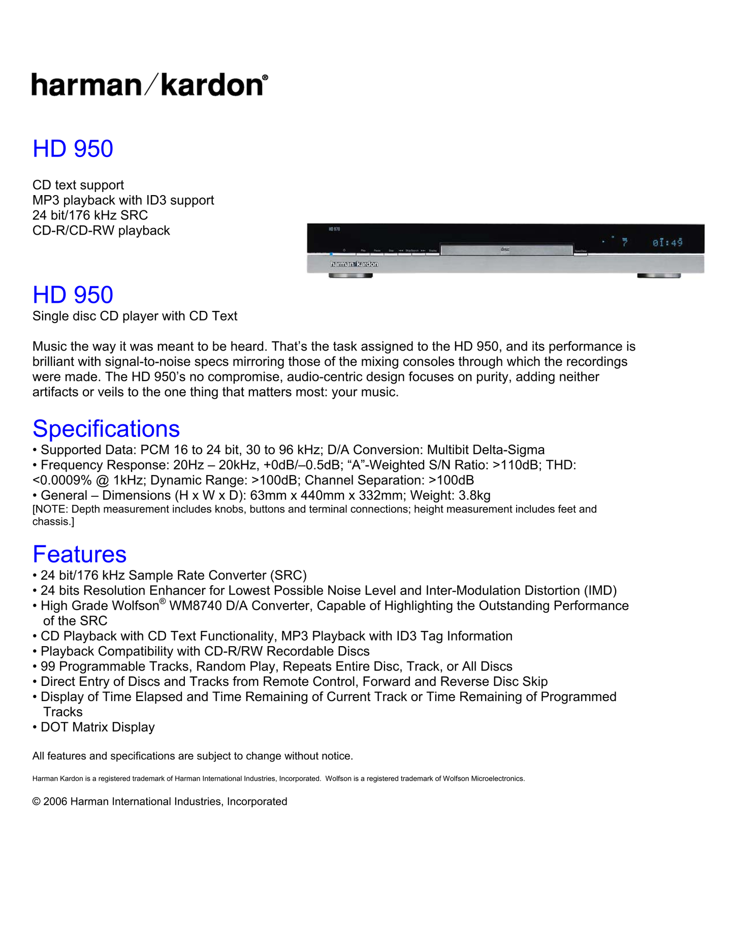 Harman/ Kardon HD 950 CD Player Service Manual (Pages: 36)