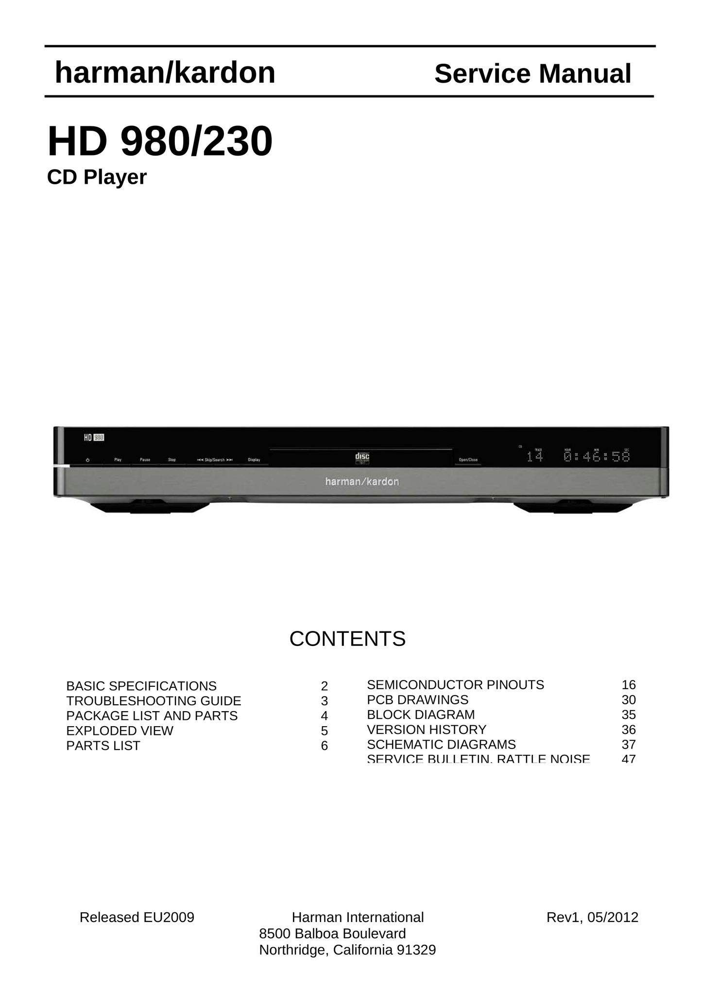 Harman/ Kardon HD 980/230 CD Player Service Manual (Pages: 47)