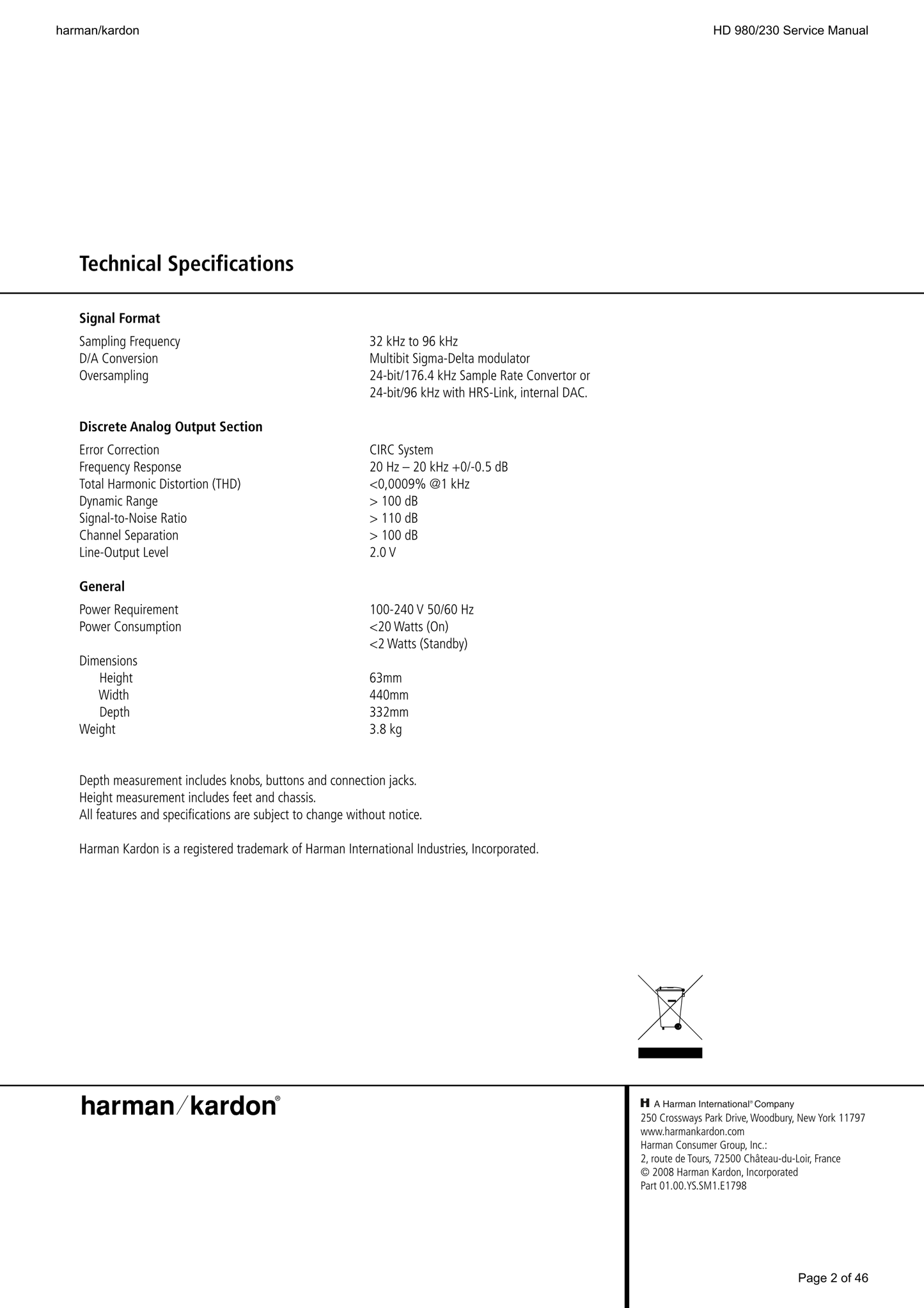 Harman/ Kardon HD 980/230 CD Player Service Manual (Pages: 47)