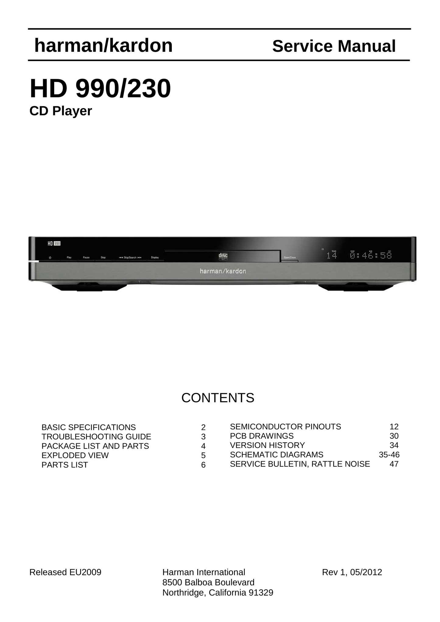 Harman/ Kardon HD 990/230 CD Player Service Manual (Pages: 47)