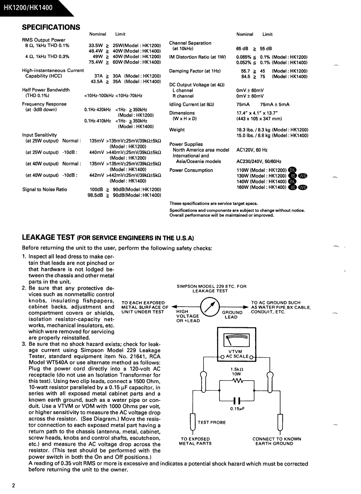 Harman/ Kardon HK1200 & HK1400 Amplifier Service Manual (Pages: 24)