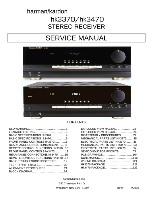 Harman/ Kardon HK3370 & HK3470 Stereo Receiver Service Manual (Pages: 105)