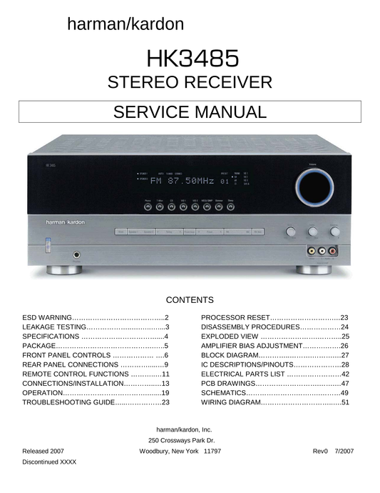 Harman/ Kardon HK3485 Stereo Receiver Service Manual (Pages: 51)