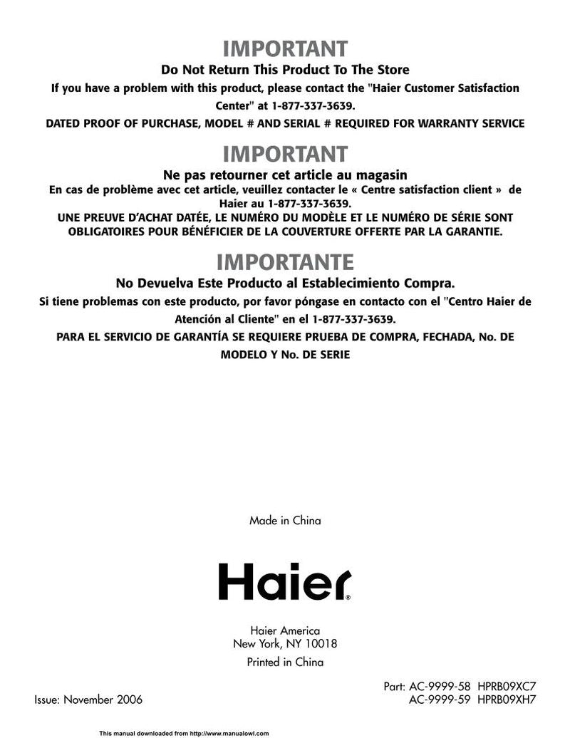 Haier HPR09 XC7 Air Conditioner Unit Operating Manual