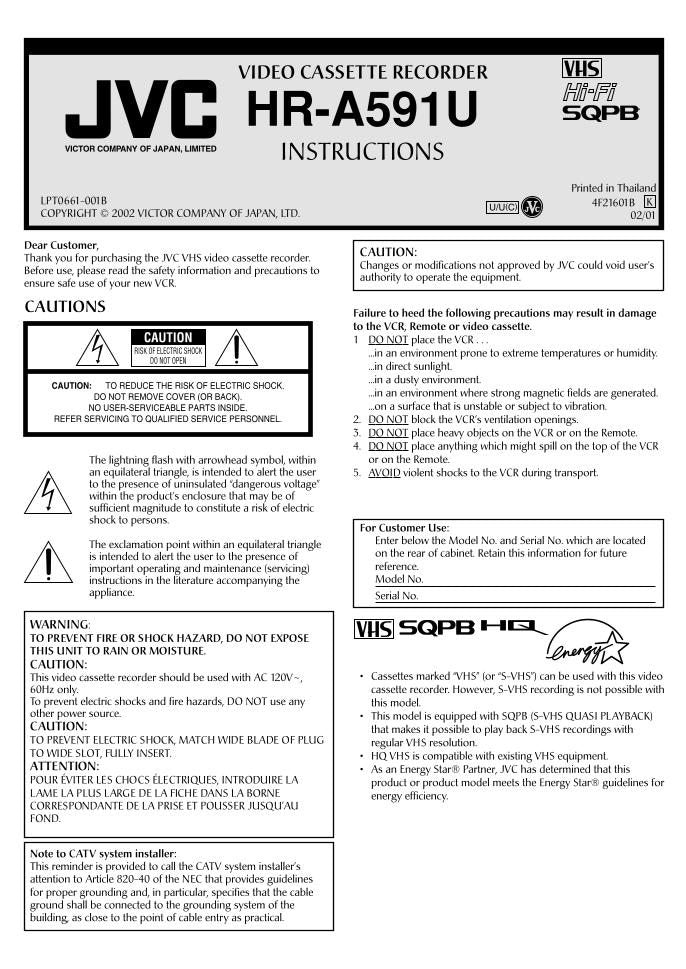 JVC HRA519U HRA5910 HRA5914 VCR Operating Manual