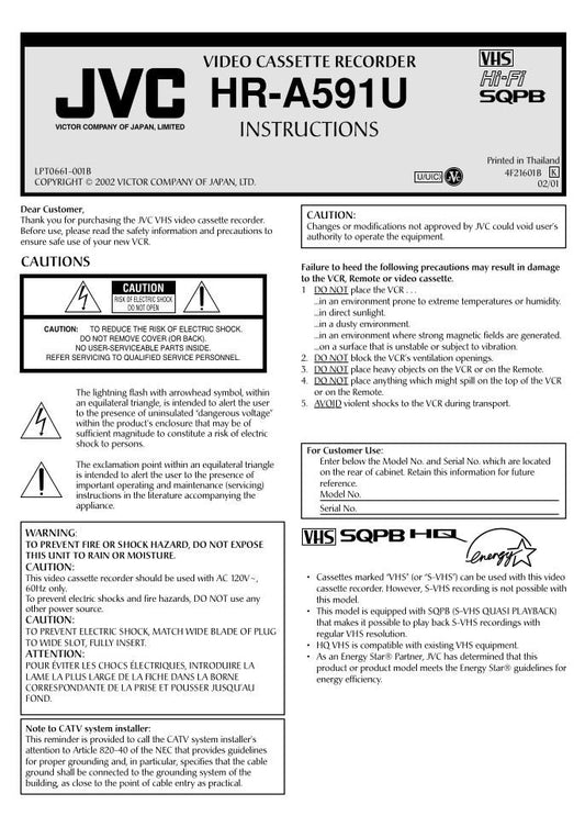 JVC HRA519U HRA5910 HRA5914 VCR Operating Manual