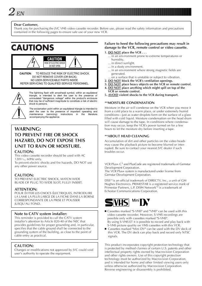 JVC HRDVS1U VCR Operating Manual