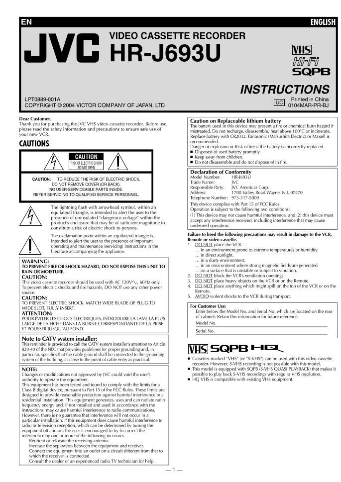 JVC HRJ692U HRJ693U TV/VCR Combo Operating Manual