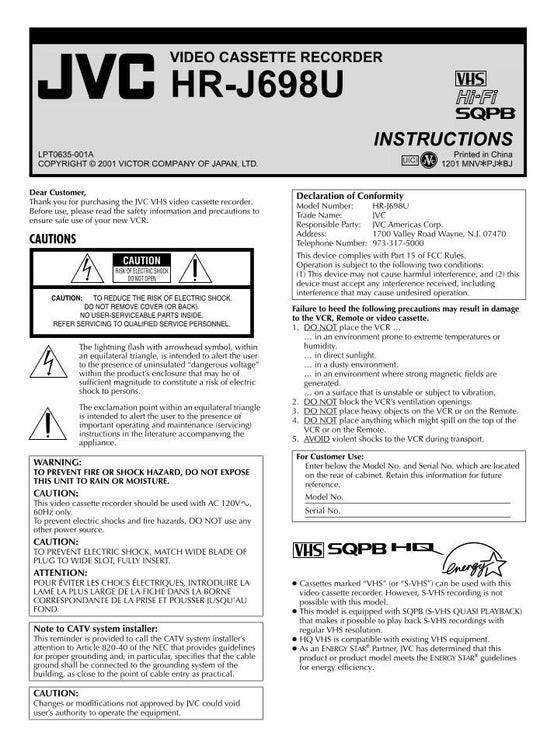 JVC HRJ698U VCR Operating Manual