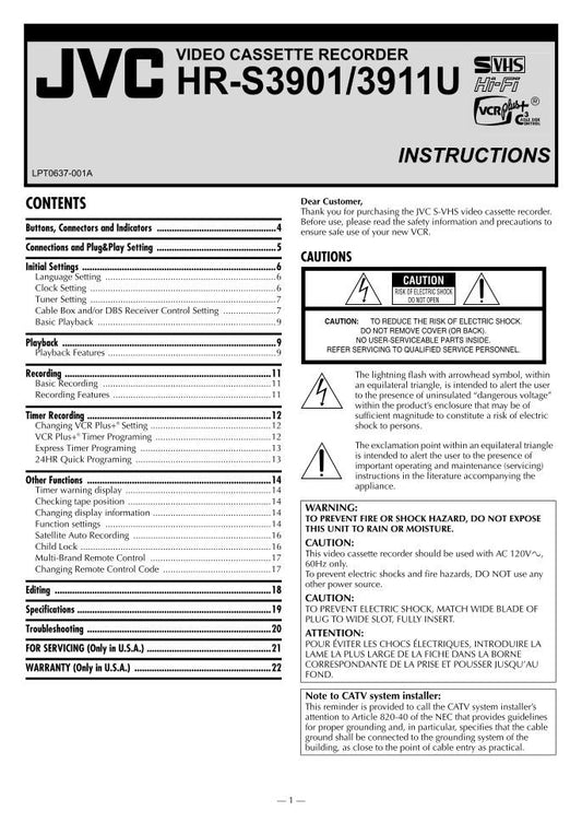 JVC HRS2911U HRS3901U HRS3911U TV/VCR Combo Operating Manual