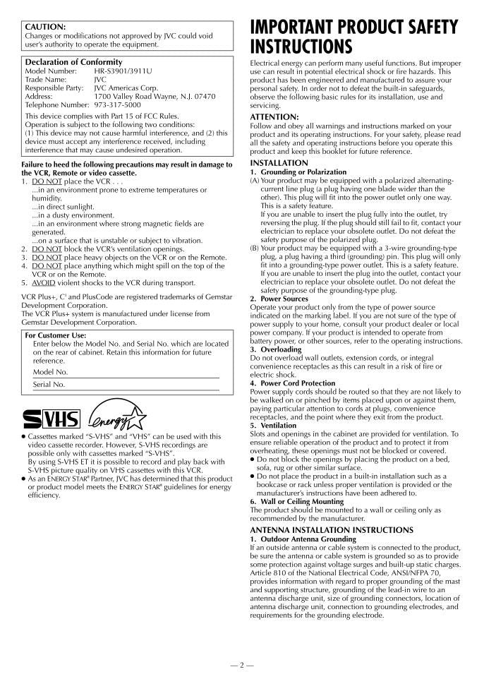 JVC HRS2911U HRS3901U HRS3911U TV/VCR Combo Operating Manual