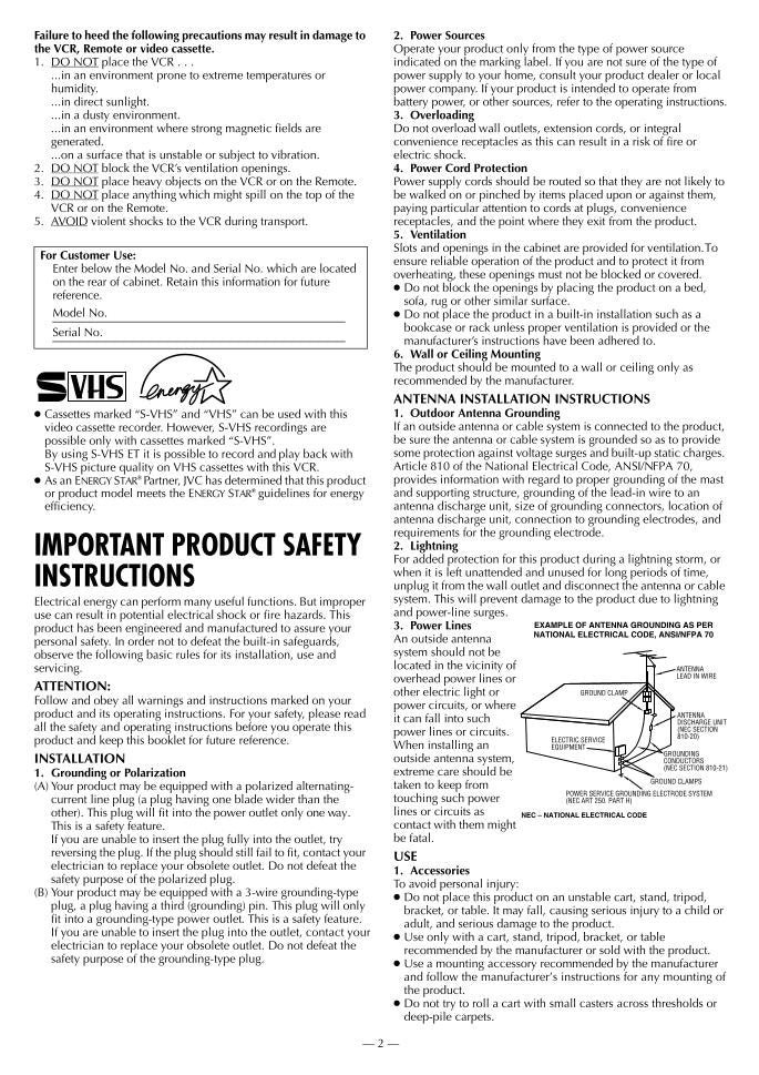 JVC HRS2915UC VCR Operating Manual