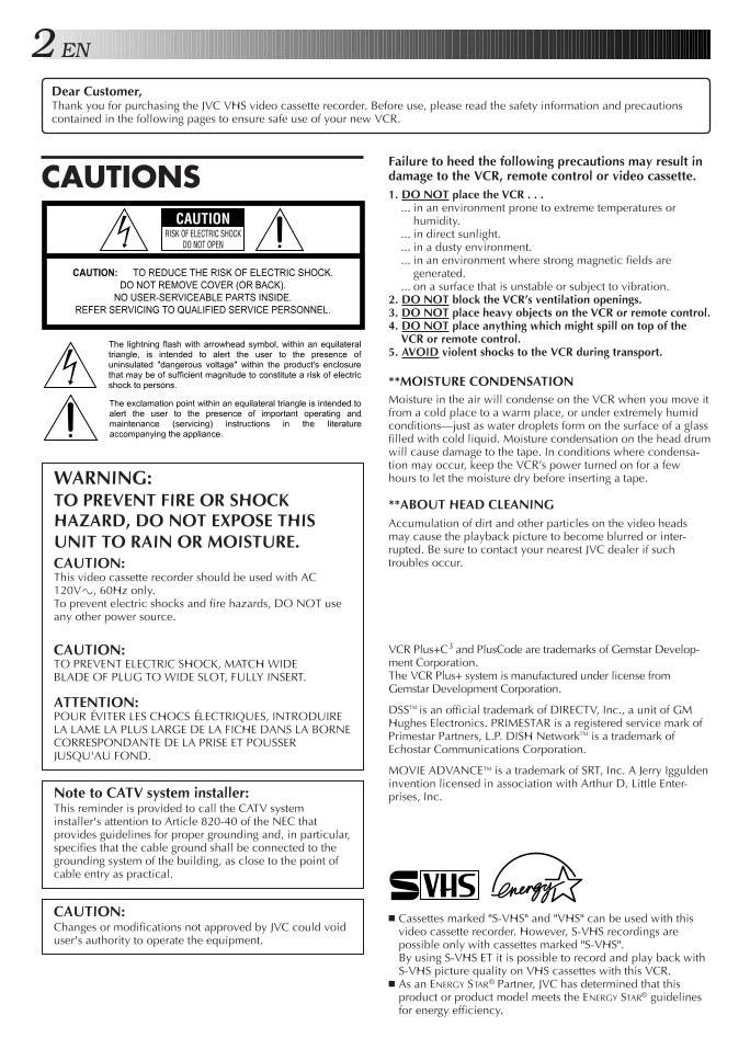 JVC HRS3500U VCR Operating Manual