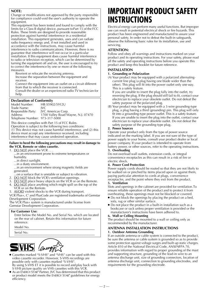 JVC HRS3912US HRS5902US HRS5912US TV Operating Manual