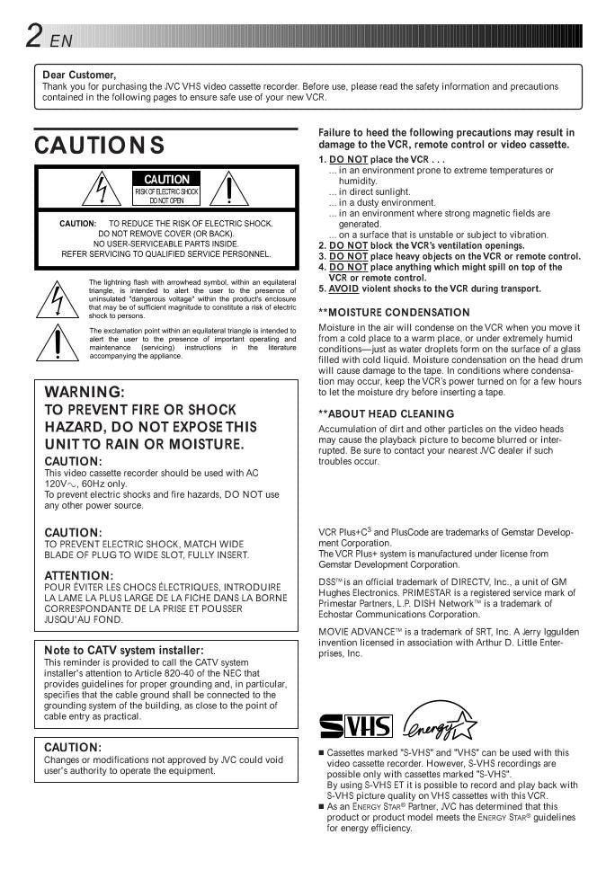 JVC HRS4500U VCR Operating Manual