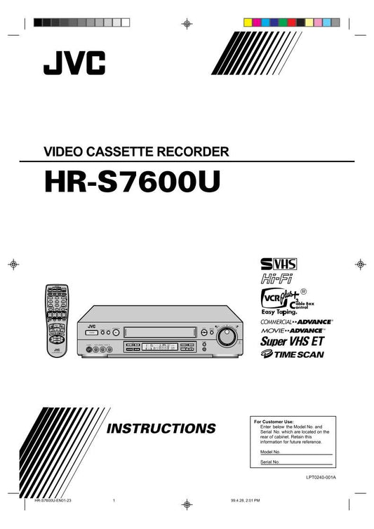 JVC HRS7600U VCR Operating Manual